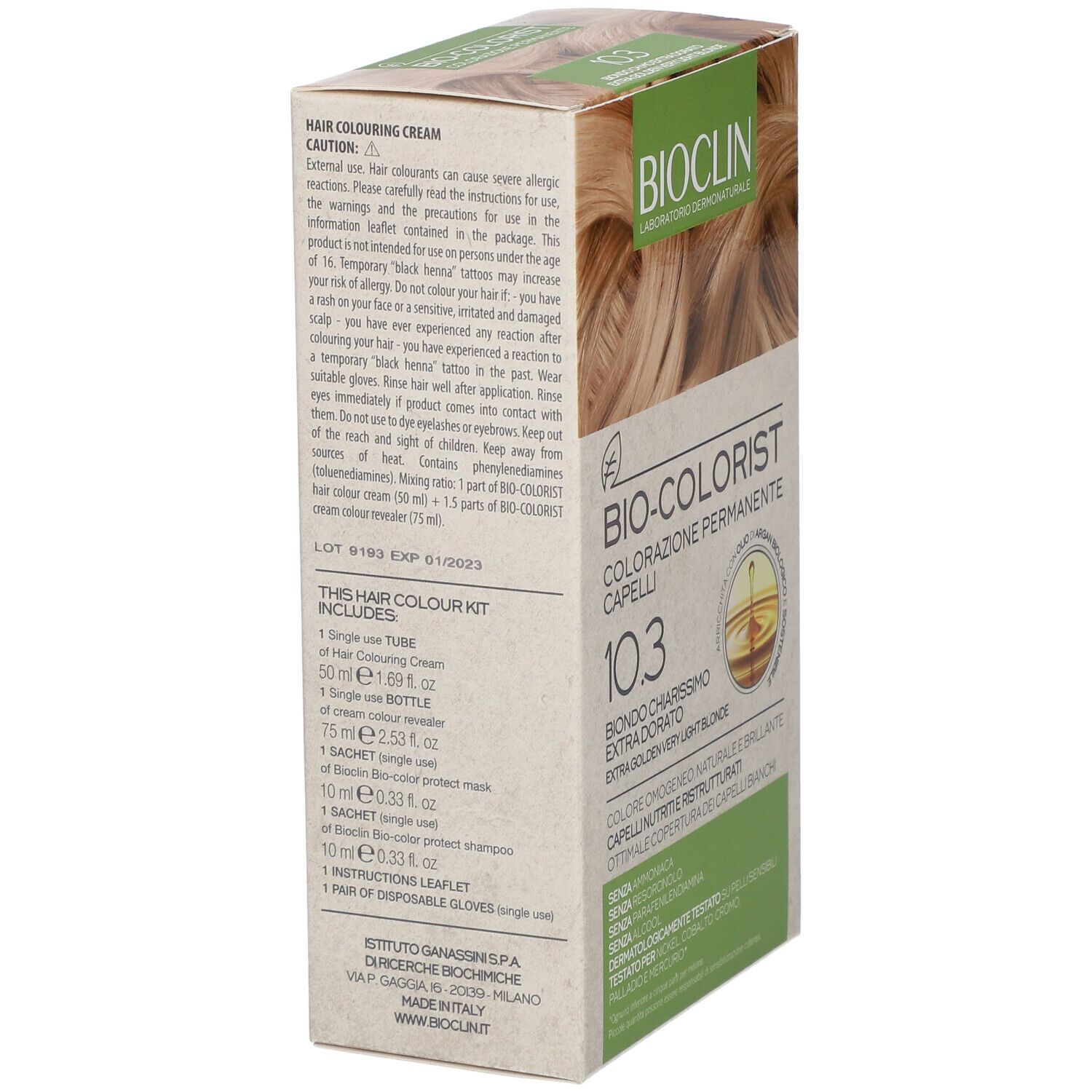 Scatola BIOCLIN Bio-Colorist 10.3. Contiene: tubo, flacone, bustine, guanti. Testo: Kit colore per capelli.