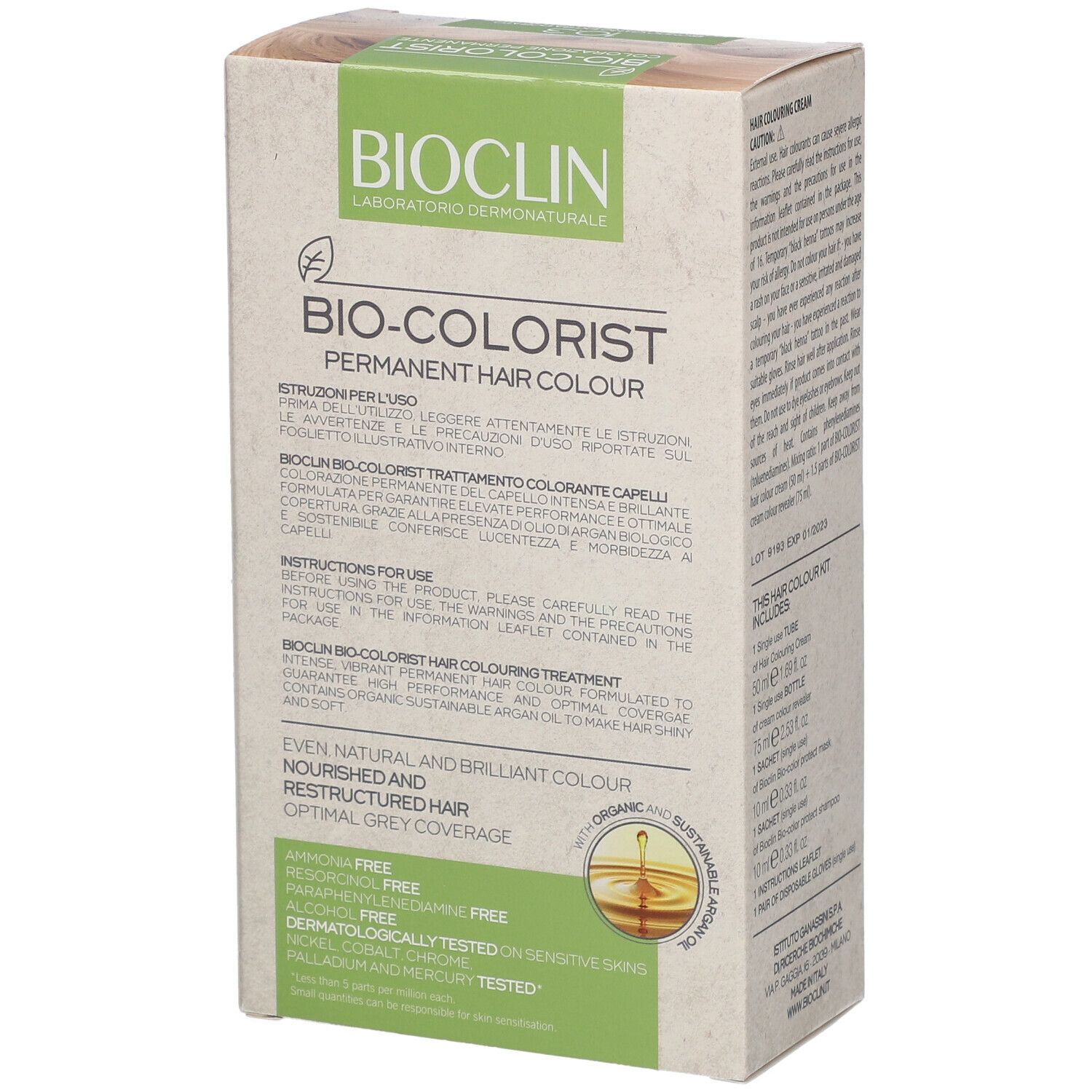 Scatola BIOCLIN Bio-Colorist. Testo: Colore permanente. Contiene olio di Argan. Testo: Leggere le istruzioni per l'uso.
