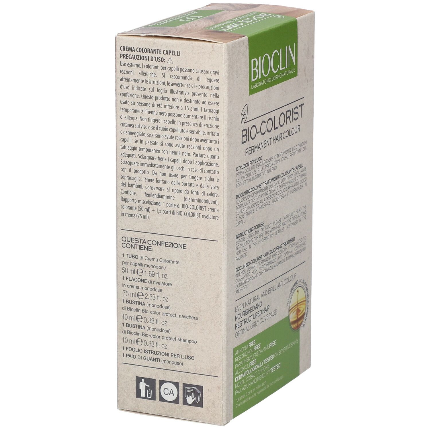 Scatola BIOCLIN Bio-Colorist. Contiene: tubo, flacone, bustine, guanti. Testo: Crema, shampoo, guanti.