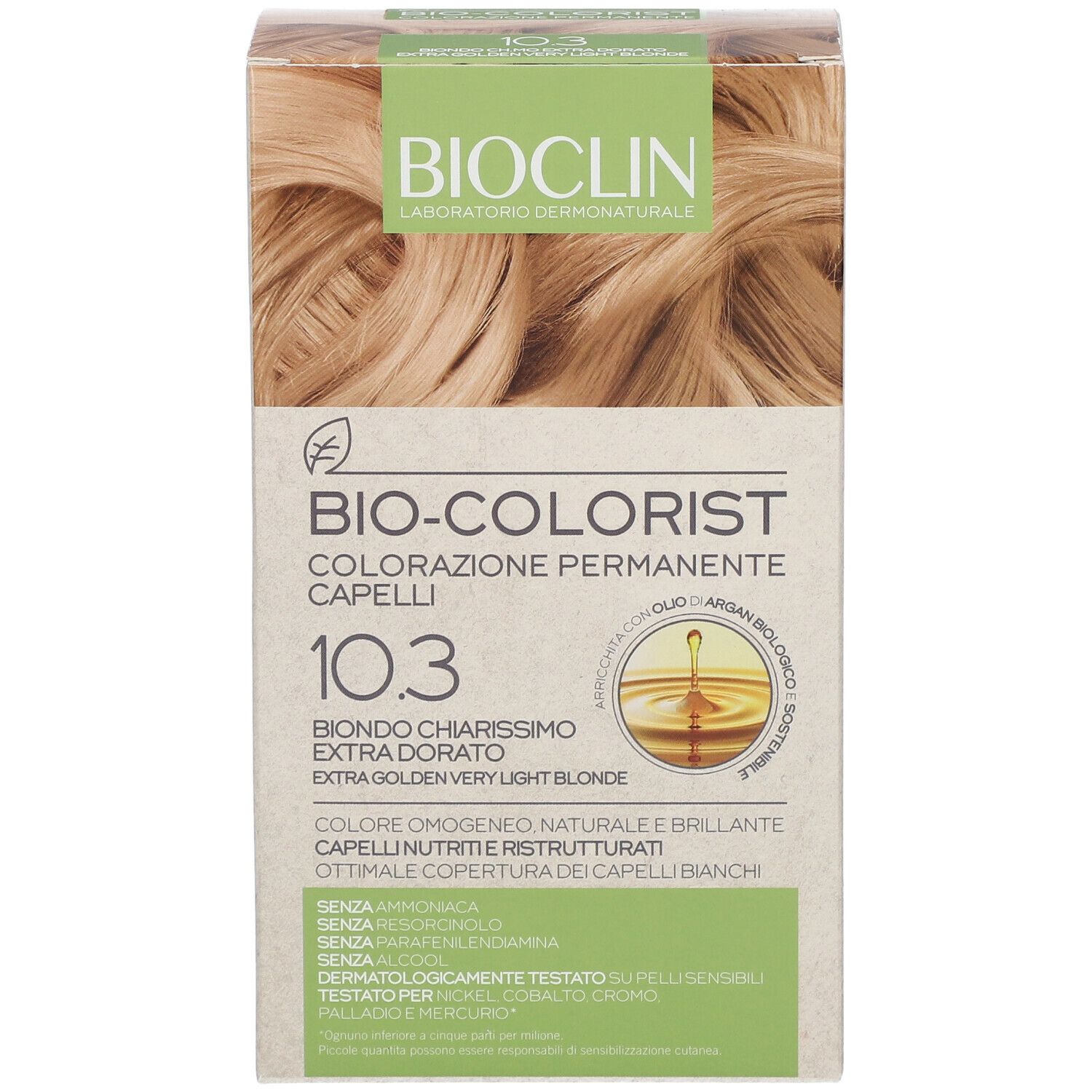 Scatola BIOCLIN Bio-Colorist 10.3. Colore per capelli biondo chiarissimo. Immagine di capelli biondi. Testo: Extra Dorato.