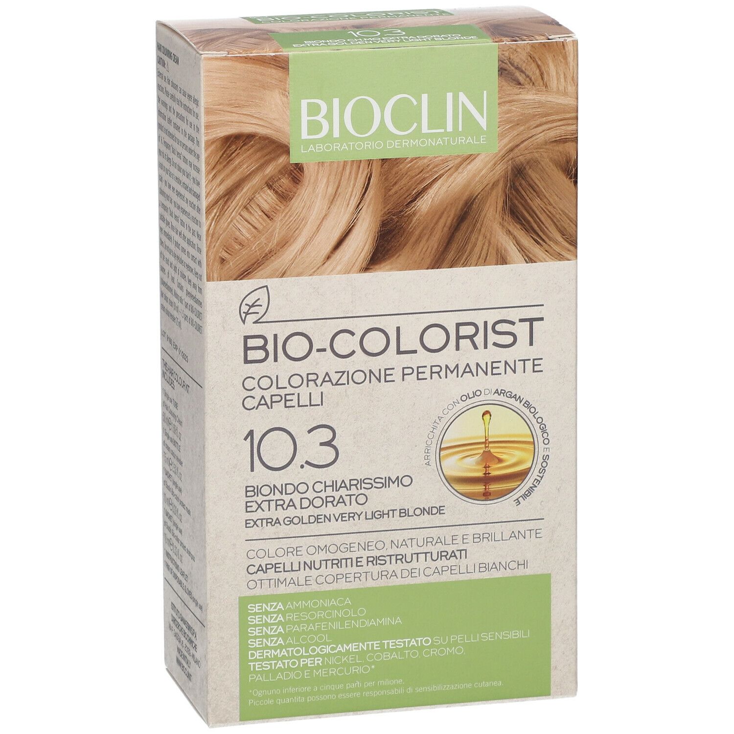 Scatola BIOCLIN Bio-Colorist 10.3. Colore per capelli biondo chiarissimo. Immagine di capelli biondi. Testo: Extra Dorato.