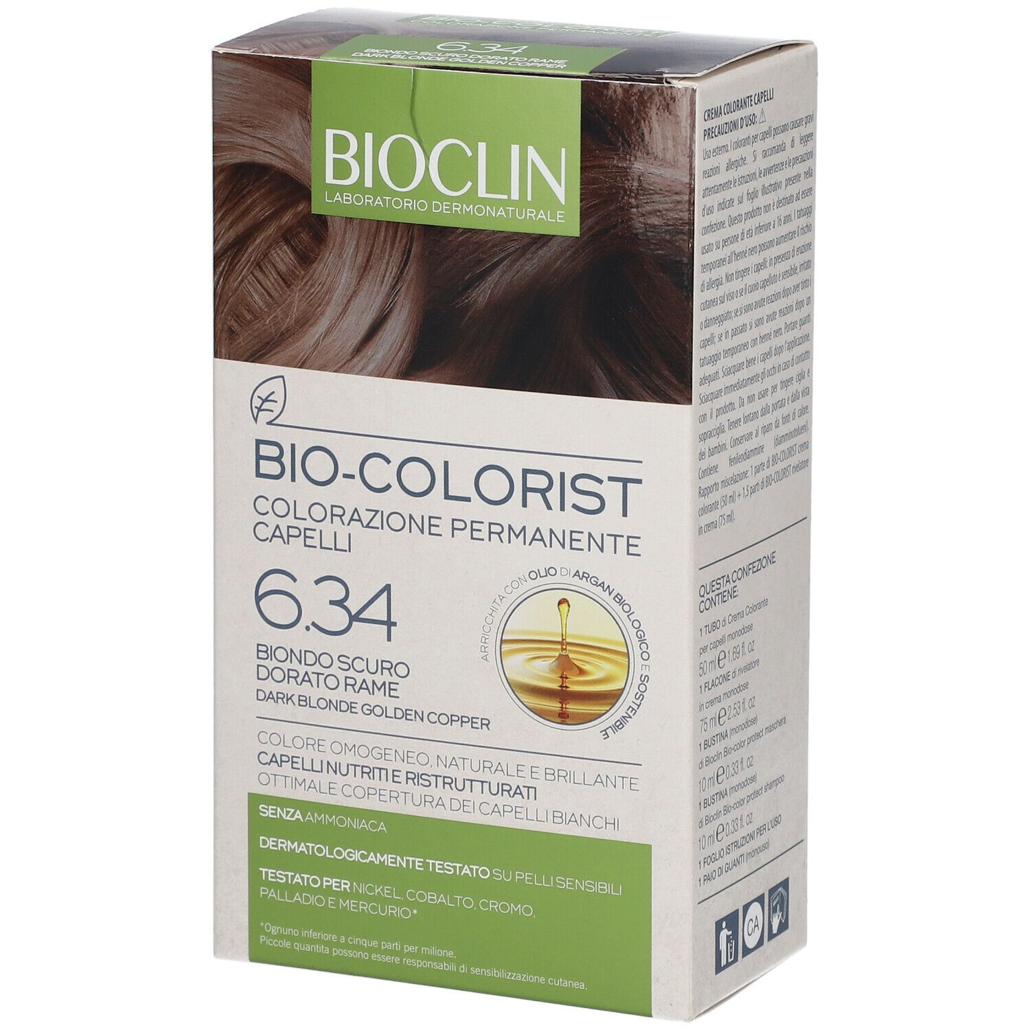 BIOCLIN Bio-Colorist 6.34. Confezione con informazioni sul prodotto. Scritto: Biondo Scuro Dorato Rame, Dark Blonde Golden Copper.