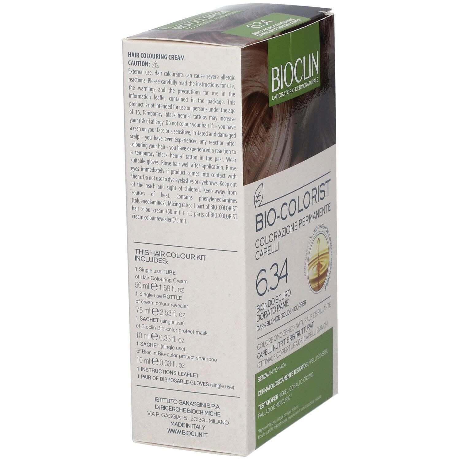 BIOCLIN Bio-Colorist 6.34. Retro della confezione con ingredienti e avvertenze. Contiene: tubo, flacone, bustina, guanti.