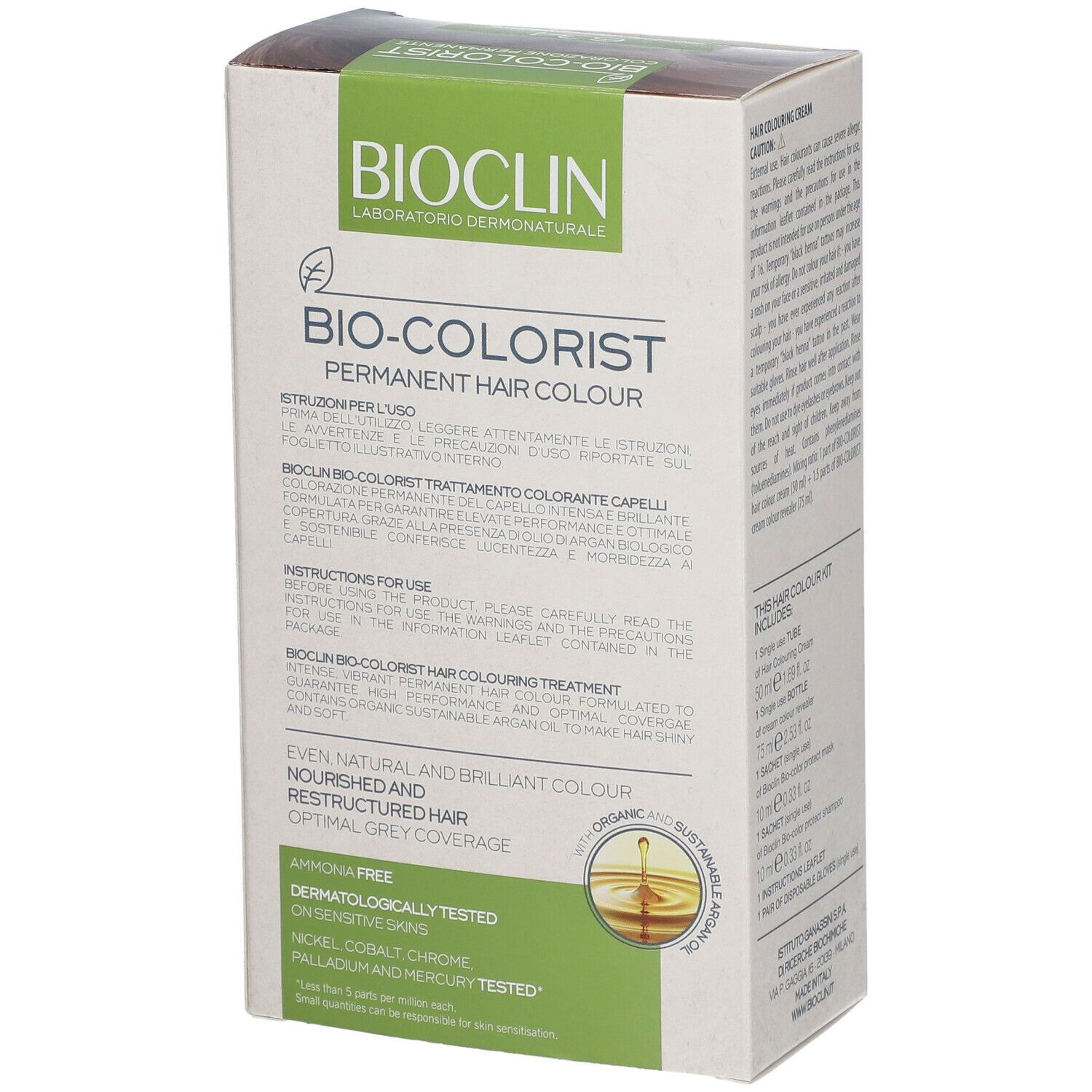 BIOCLIN Bio-Colorist. Confezione con informazioni sul prodotto. Scritto: Permanent Hair Colour, senza ammoniaca, dermatologicamente testato.
