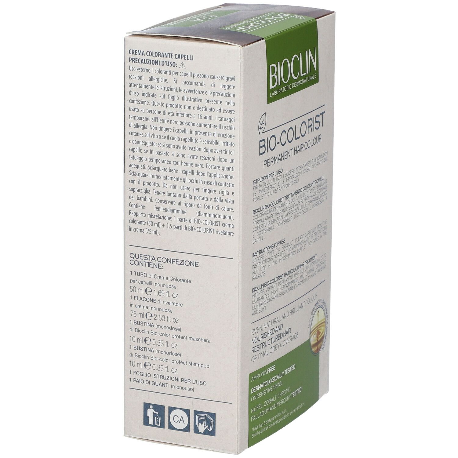 BIOCLIN Bio-Colorist. Confezione con informazioni sul prodotto. Contiene: crema, flacone, bustina, guanti. Scritto: Senza ammoniaca.