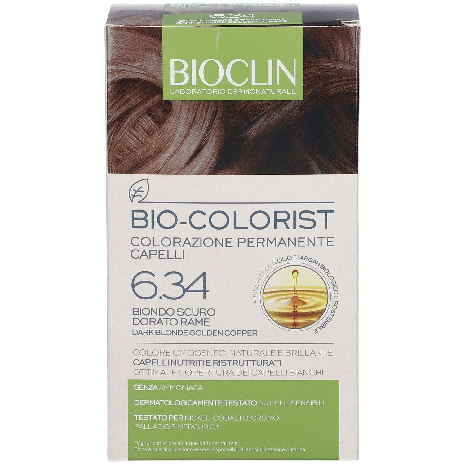 BIOCLIN Bio-Colorist 6.34. Confezione con informazioni sul prodotto. Scritto: Biondo Scuro Dorato Rame, Dark Blonde Golden Copper.