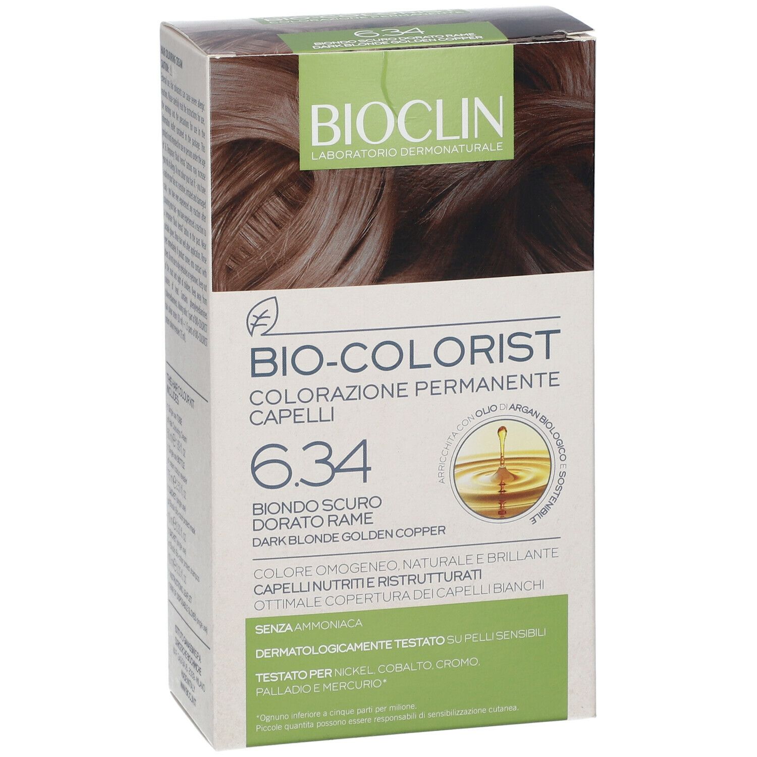 BIOCLIN Bio-Colorist 6.34. Confezione con informazioni sul prodotto. Scritto: Biondo Scuro Dorato Rame, Dark Blonde Golden Copper.