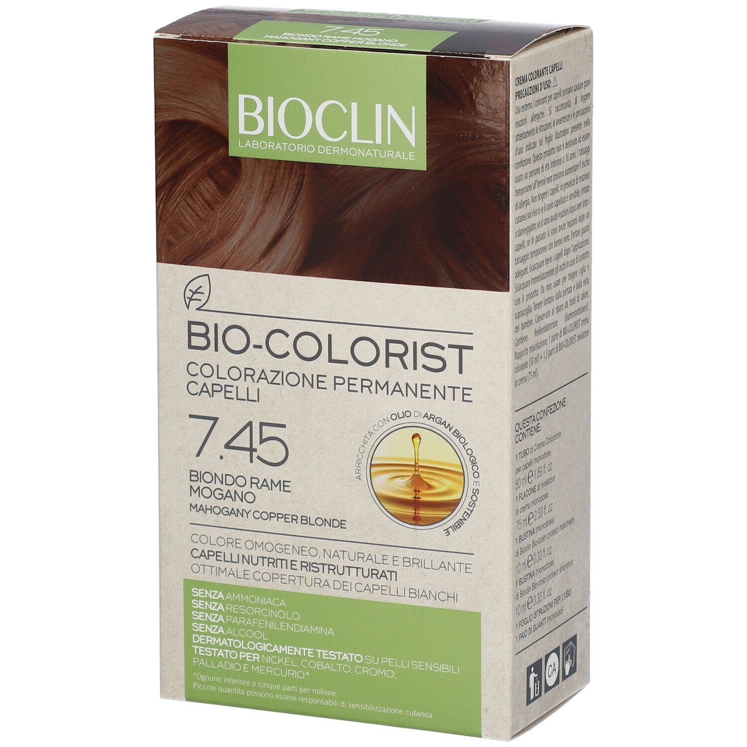 Scatola BIOCLIN Bio-Colorist 7.45. Scritto: Biondo Rame Mogano. Contiene olio di Argan. Dermatologicamente testato.