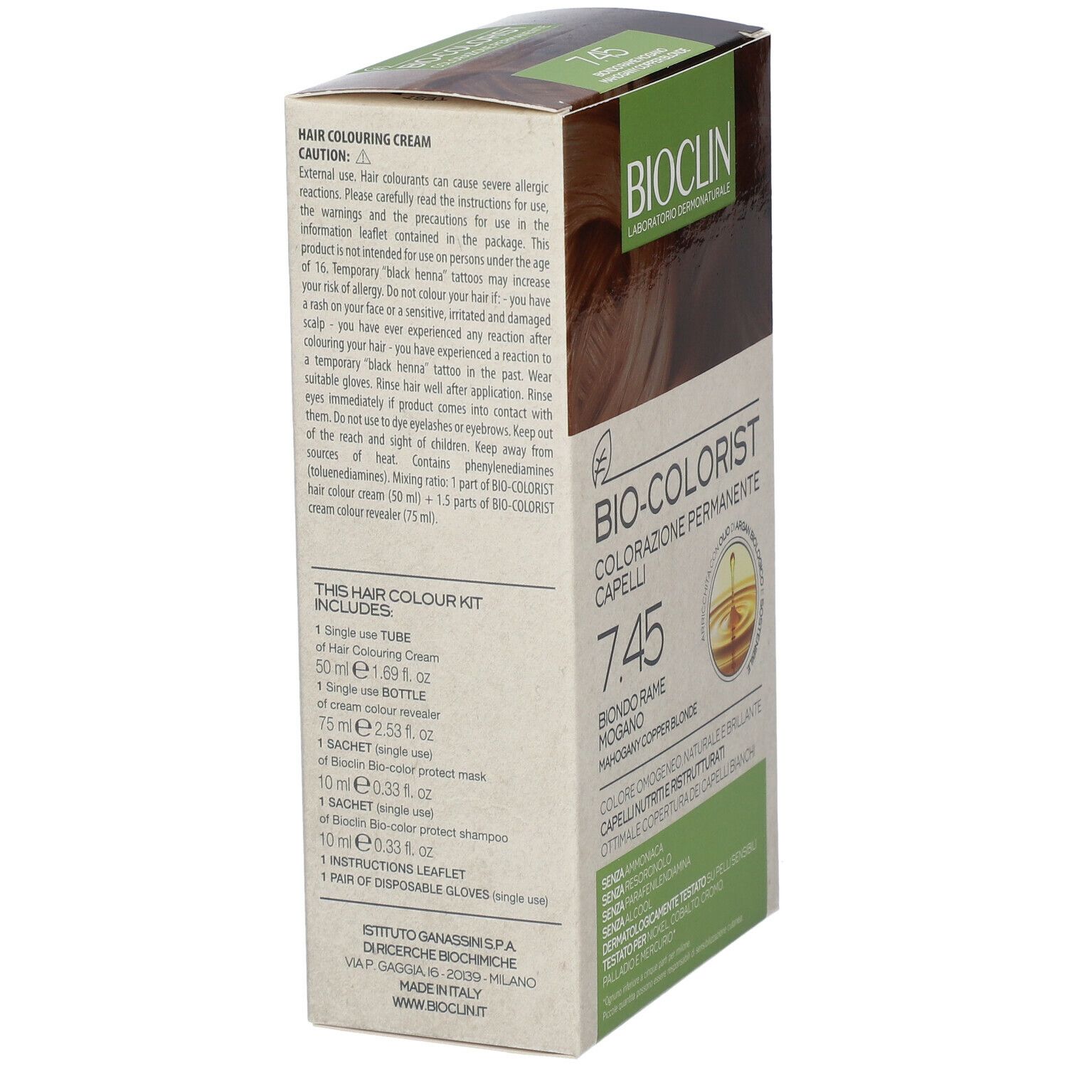 Scatola BIOCLIN Bio-Colorist 7.45. Contiene: tubo, flacone, bustina, shampoo, guanti, istruzioni.