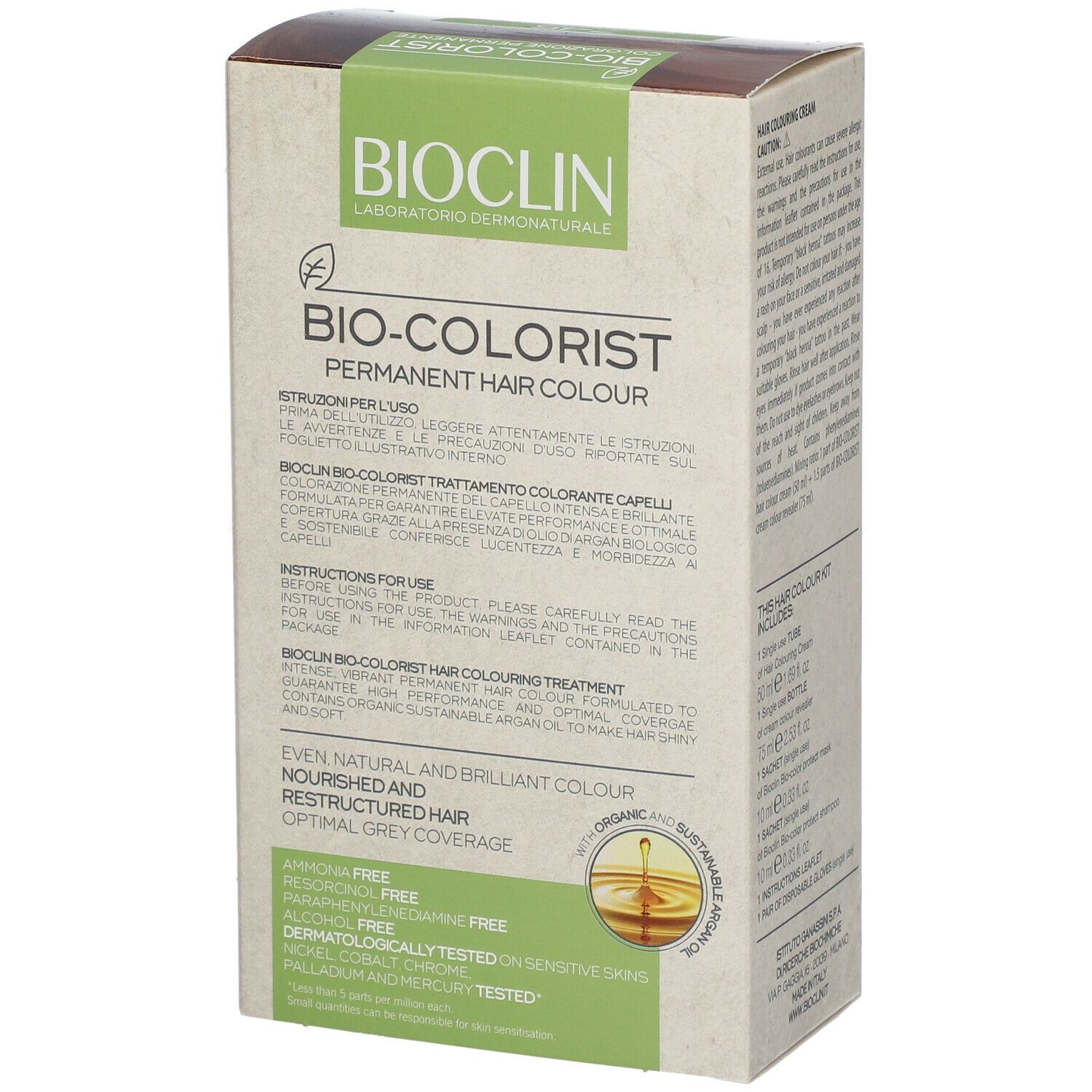 Scatola BIOCLIN Bio-Colorist 7.45. Scritto: Permanent Hair Colour. Contiene olio di Argan. Per capelli grigi.