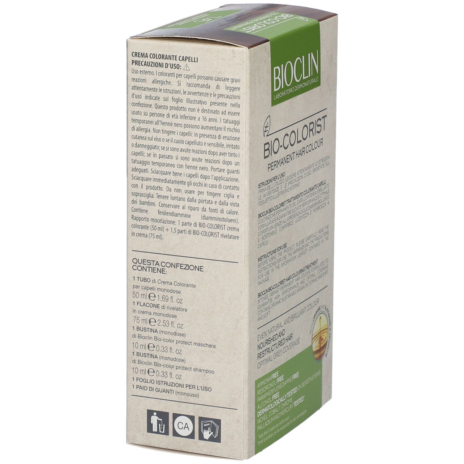 Scatola BIOCLIN Bio-Colorist 7.45. Contiene: crema, flacone, bustina, shampoo, guanti, istruzioni.