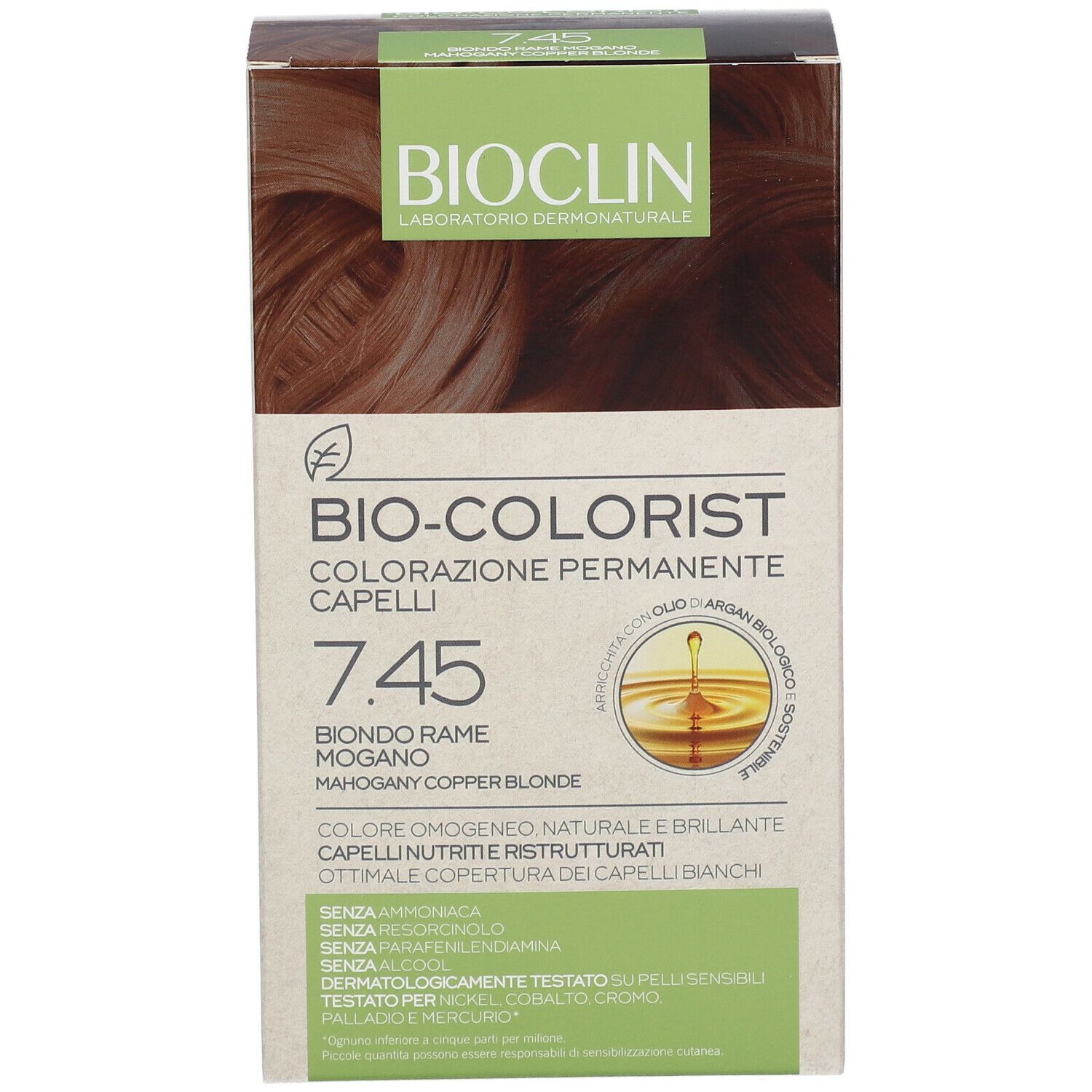 Scatola BIOCLIN Bio-Colorist 7.45. Scritto: Biondo Rame Mogano. Contiene olio di Argan. Dermatologicamente testato.