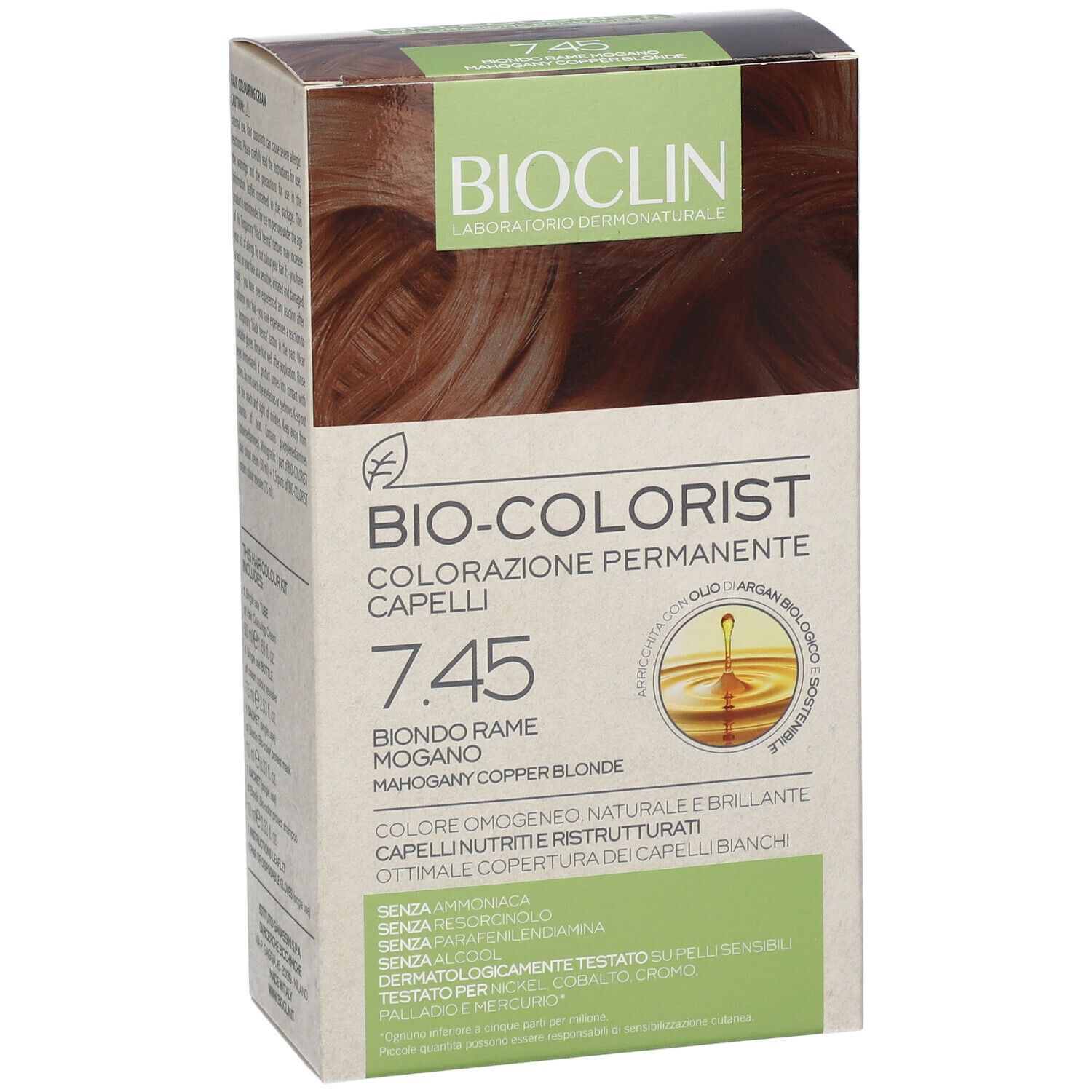 Scatola BIOCLIN Bio-Colorist 7.45. Scritto: Biondo Rame Mogano. Contiene olio di Argan. Dermatologicamente testato.