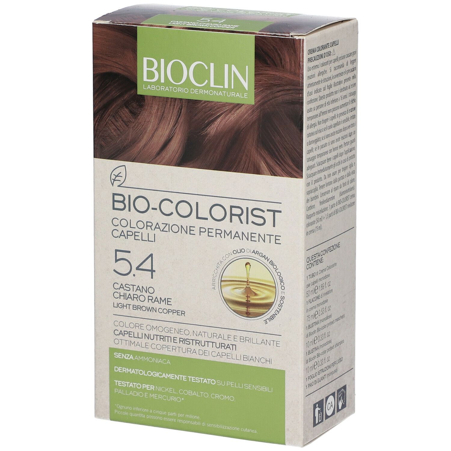 BIOCLIN Bio-Colorist 5.4 Castano Rame. Confezione con immagine del prodotto e informazioni.