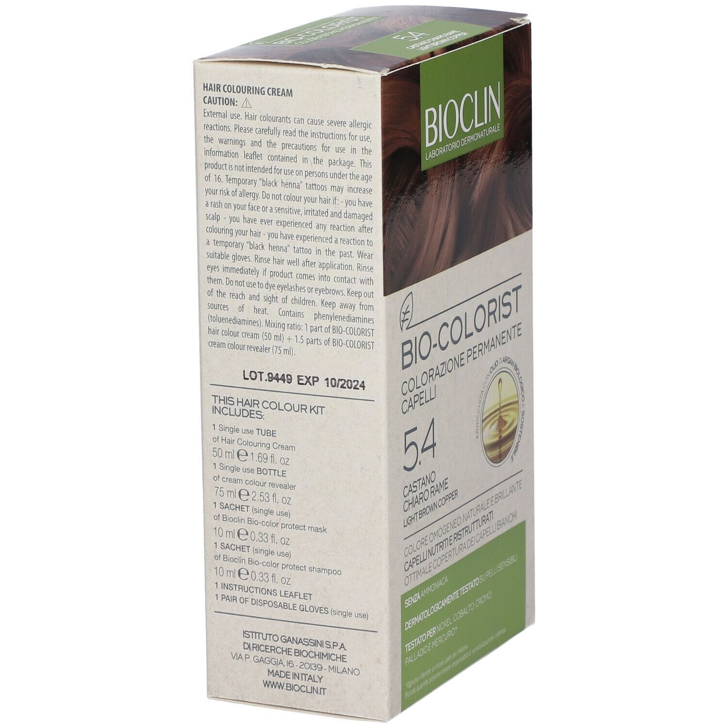 BIOCLIN Bio-Colorist 5.4 Castano Rame. Confezione con elenco ingredienti e avvertenze.