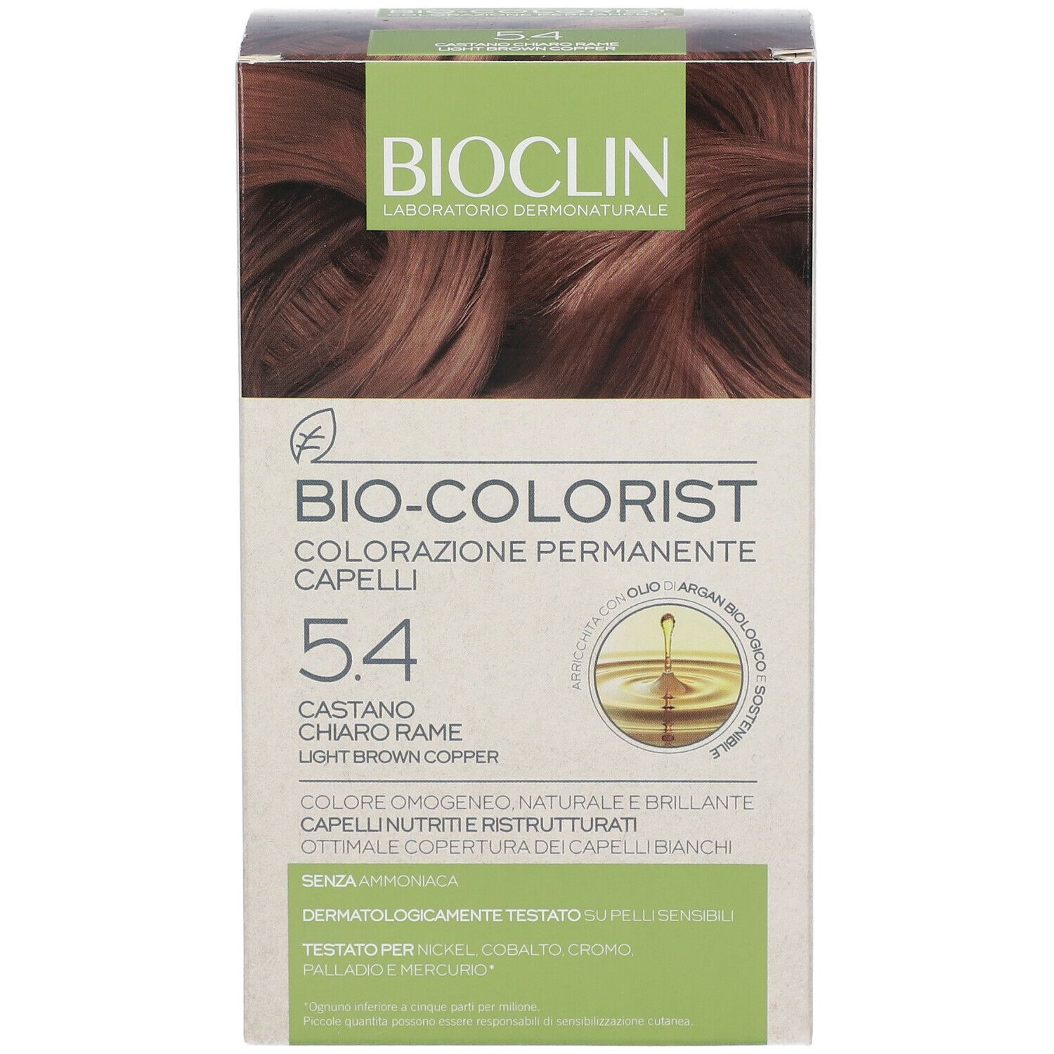 BIOCLIN Bio-Colorist 5.4 Castano Rame. Confezione con immagine del prodotto e informazioni.