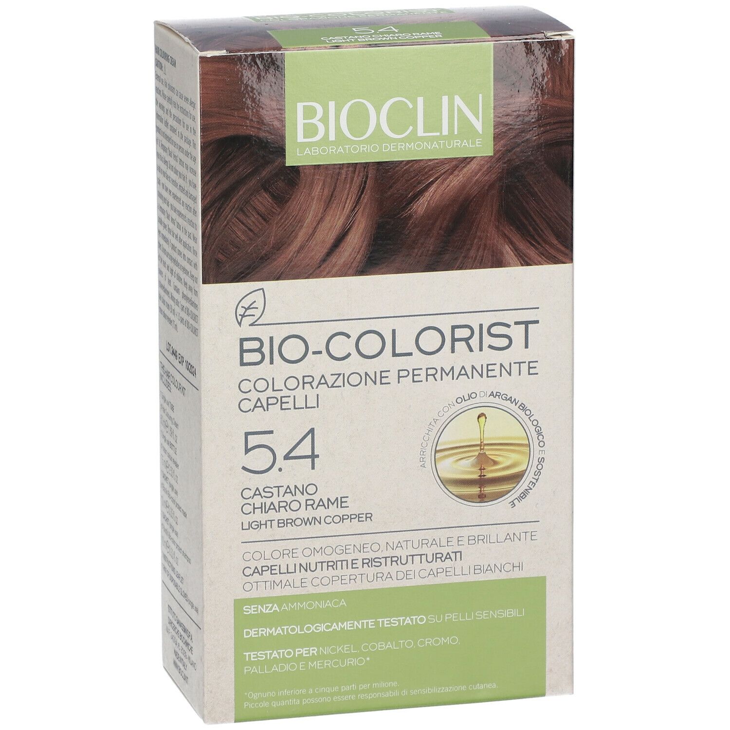 BIOCLIN Bio-Colorist 5.4 Castano Rame. Confezione con immagine del prodotto e informazioni.