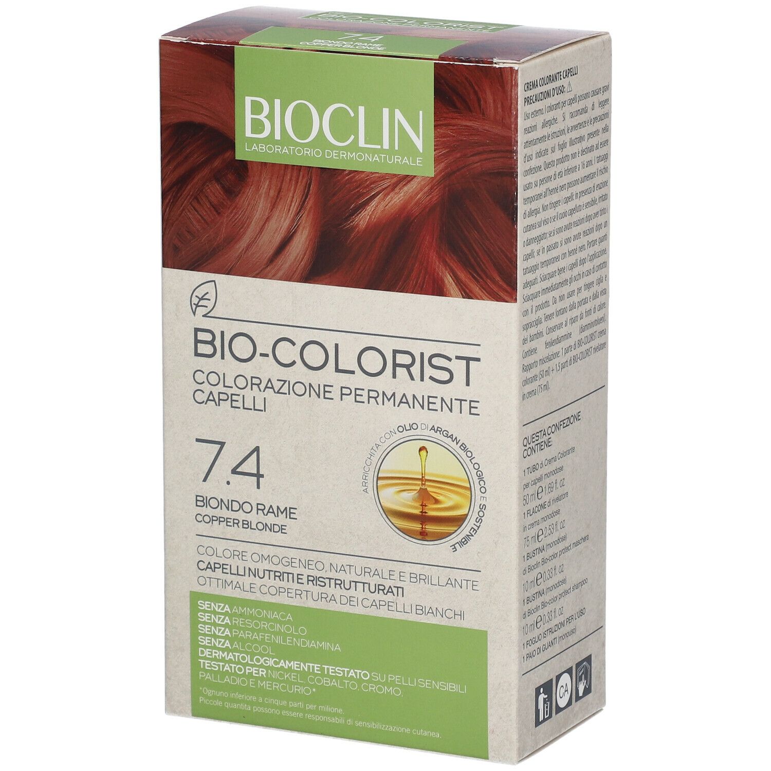 Scatola BIOCLIN Bio-Colorist 7.4 Biondo Rame. Testo: Colorazione Permanente Capelli, 7.4 Biondo Rame. Immagine di capelli colorati.