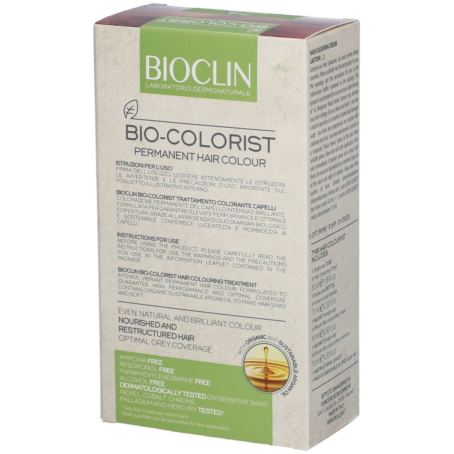 Scatola BIOCLIN Bio-Colorist 7.4 Biondo Rame. Testo: Permanent Hair Colour, Istruzioni per l'uso, ingredienti.