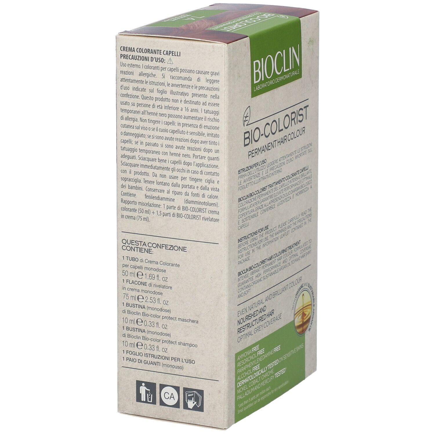 Scatola BIOCLIN Bio-Colorist 7.4 Biondo Rame. Contenuto: tubo, flacone, bustina, guanti. Testo: Crema colorante capelli.