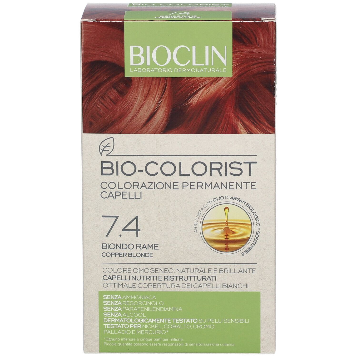 Scatola BIOCLIN Bio-Colorist 7.4 Biondo Rame. Testo: Colorazione Permanente Capelli, 7.4 Biondo Rame. Immagine di capelli colorati.
