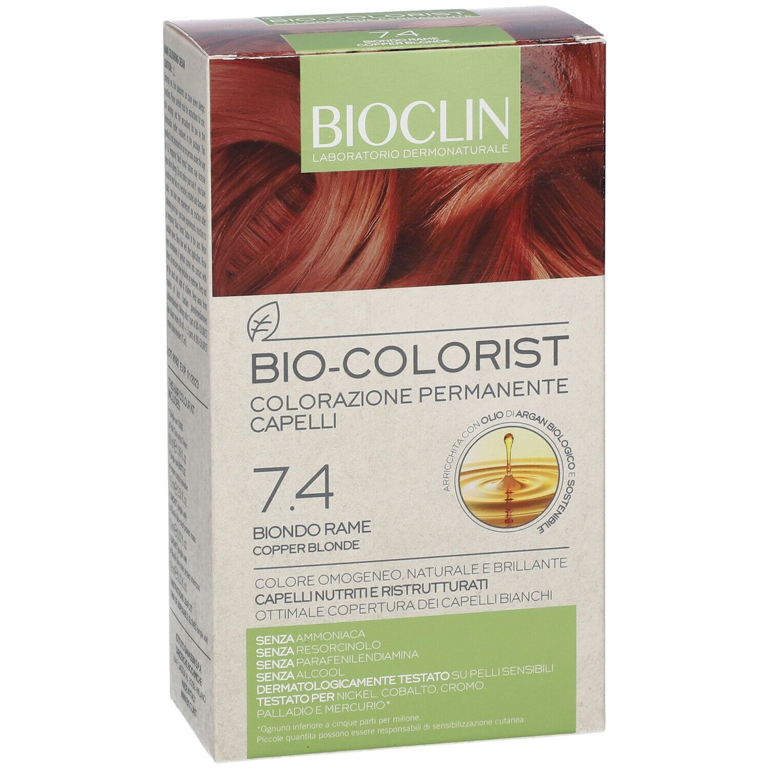 Scatola BIOCLIN Bio-Colorist 7.4 Biondo Rame. Testo: Colorazione Permanente Capelli, 7.4 Biondo Rame. Immagine di capelli colorati.
