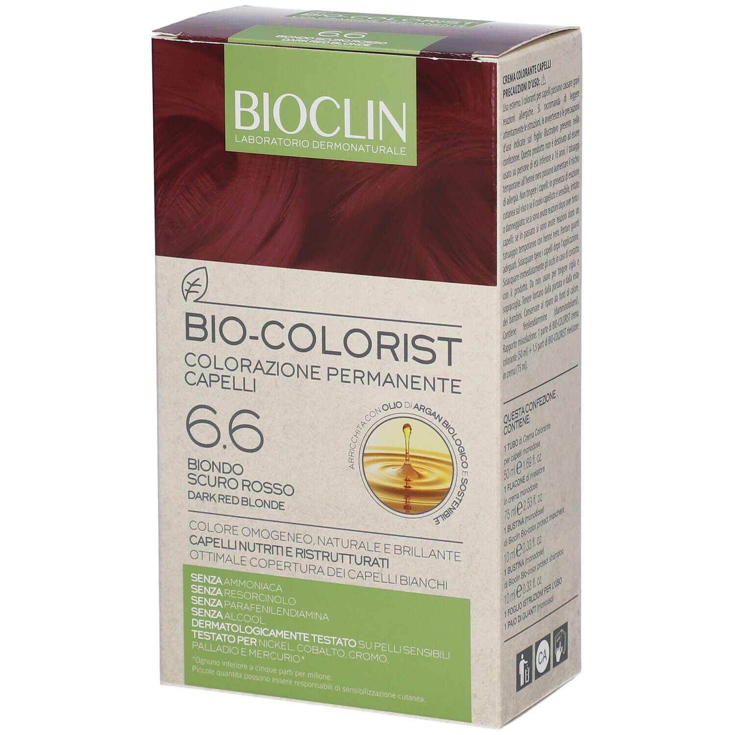 Confezione BIOCLIN Bio-Colorist 6.6. Biondo scuro rosso. Testo e logo. Olio di Argan. Informazioni sul prodotto sulla scatola.