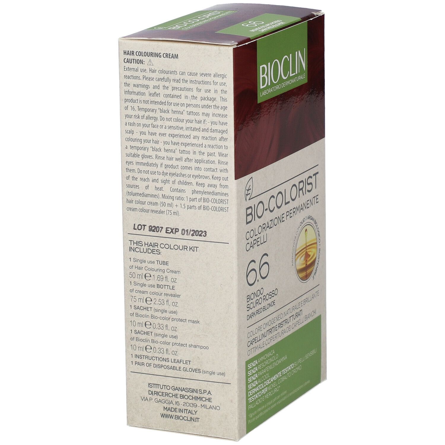 Confezione BIOCLIN Bio-Colorist 6.6. Lato con testo. Informazioni sull'uso e ingredienti. Con logo.