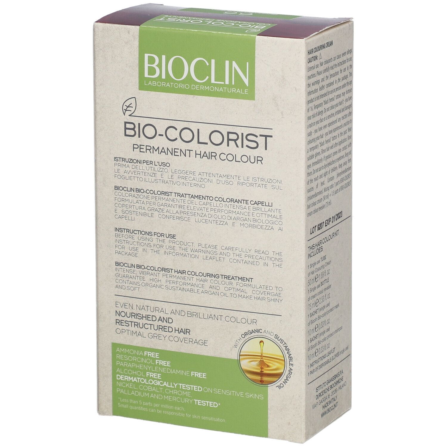 Confezione BIOCLIN Bio-Colorist 6.6. Retro con testo. Informazioni sull'uso e ingredienti. Con logo.