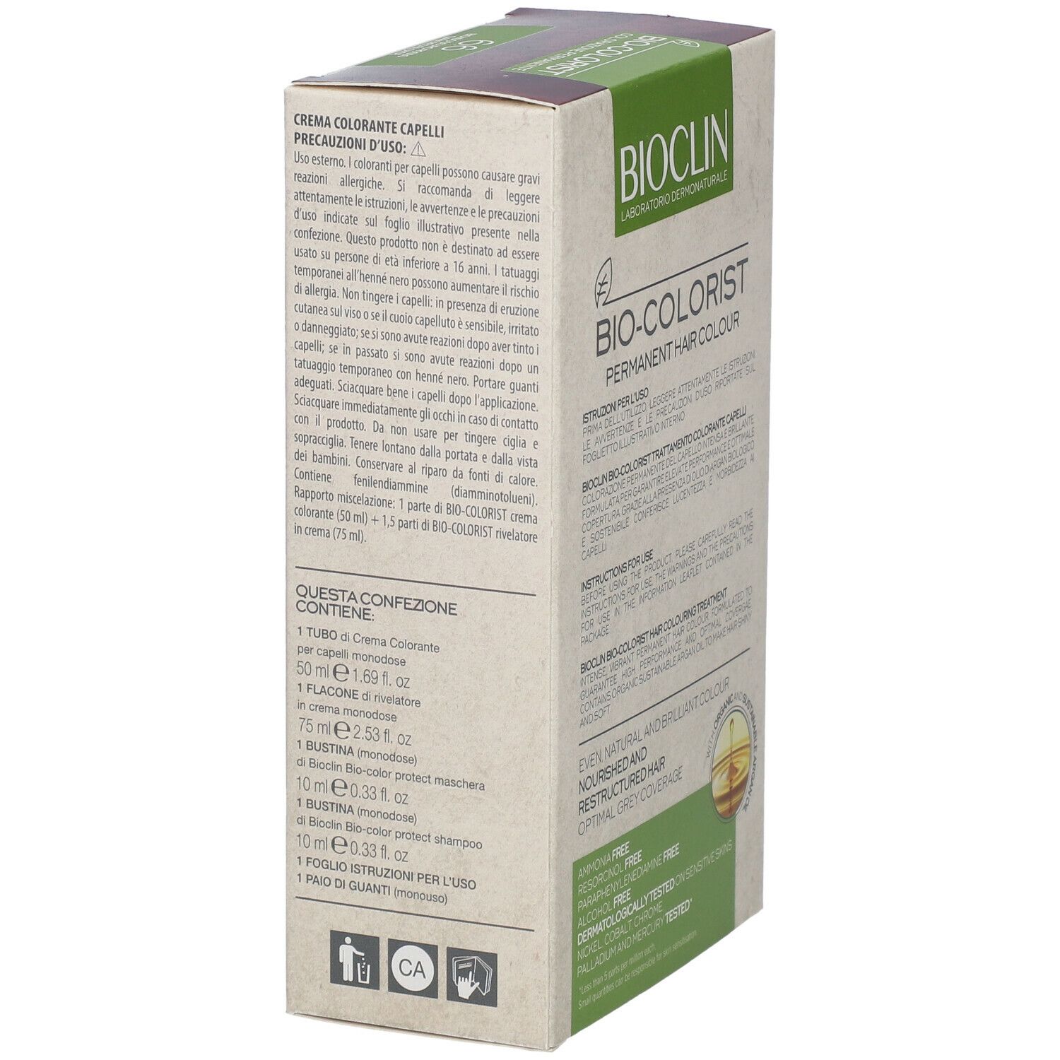 Confezione BIOCLIN Bio-Colorist 6.6. Lato con testo. Informazioni sull'uso e ingredienti. Con logo.