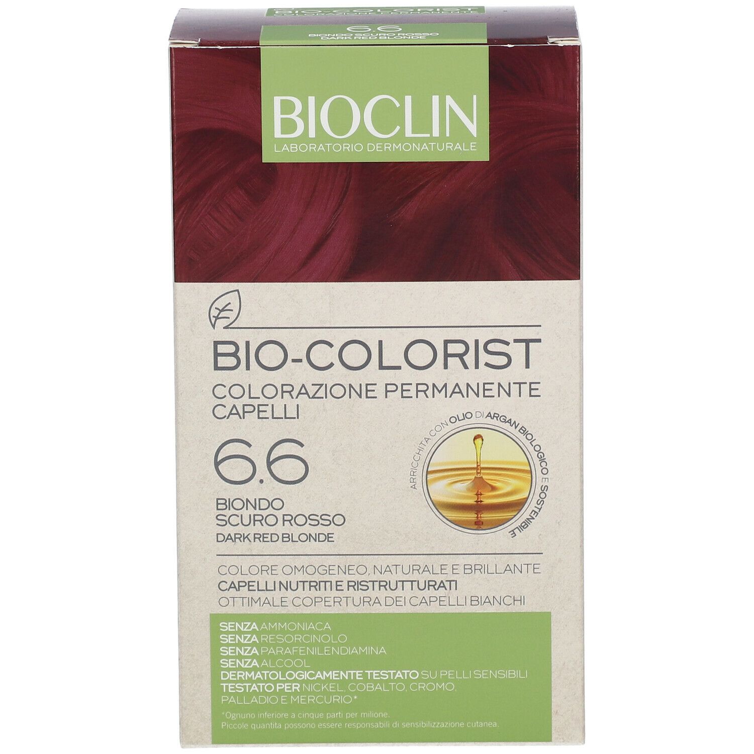 Confezione BIOCLIN Bio-Colorist 6.6. Biondo scuro rosso. Testo e logo. Olio di Argan. Informazioni sul prodotto sulla scatola.