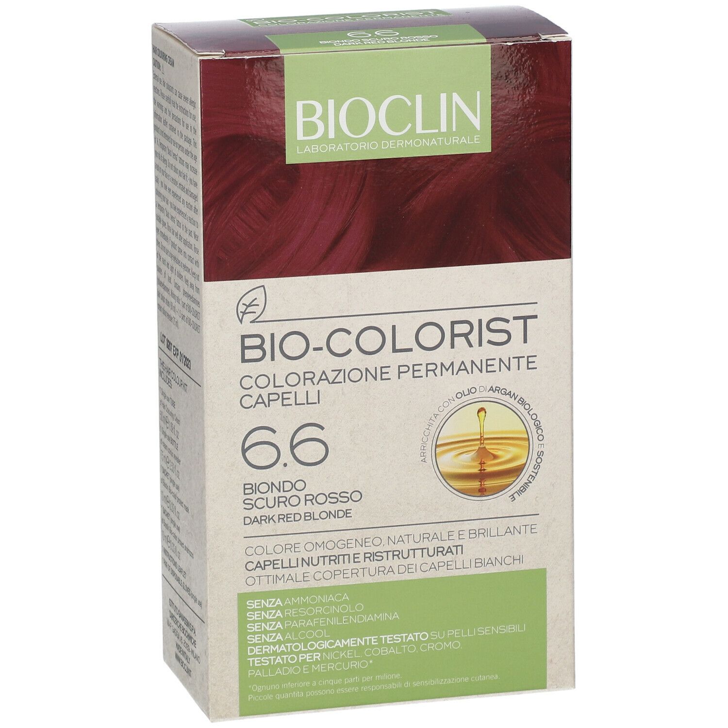 Confezione BIOCLIN Bio-Colorist 6.6. Biondo scuro rosso. Testo e logo. Olio di Argan. Informazioni sul prodotto sulla scatola.