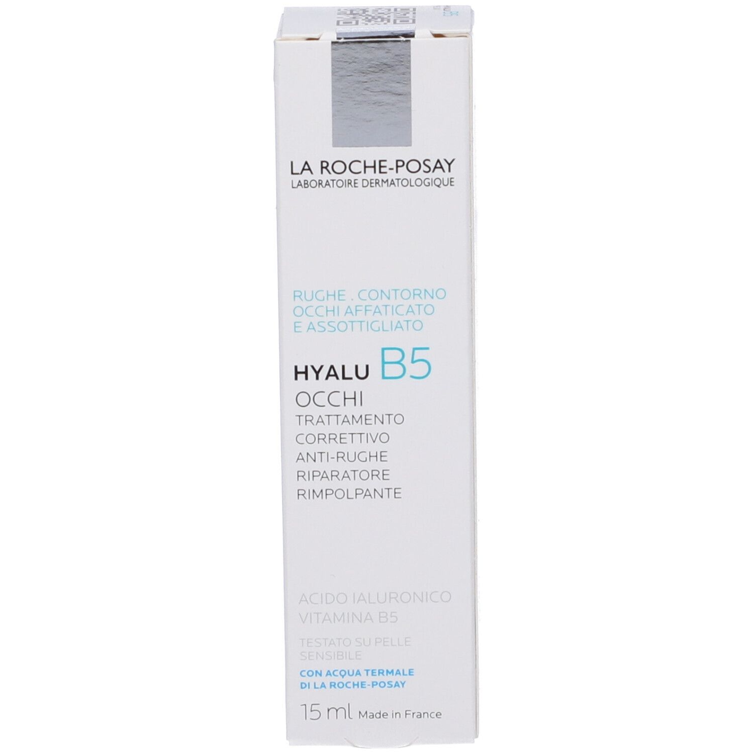 Confezione con crema per occhi. Testo: LA ROCHE-POSAY Hyalu B5 Occhi/Yeux. Testo: 15 ml.