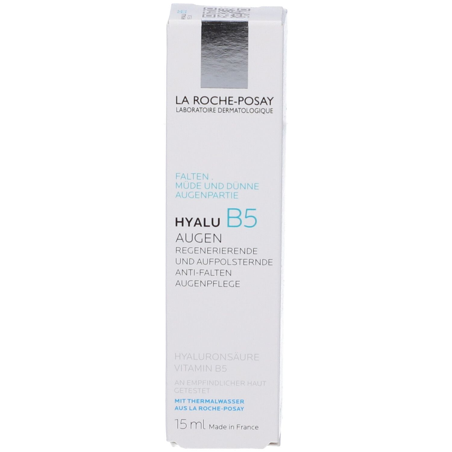 Lato della confezione. Testo: LA ROCHE-POSAY Hyalu B5 Occhi. Testo: 15 ml.