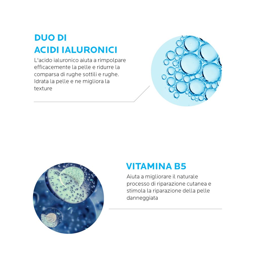 Grafica con due cerchi. Testo: Duo di Acidi Ialuronici e Vitamina B5. Bolle d'acqua blu.