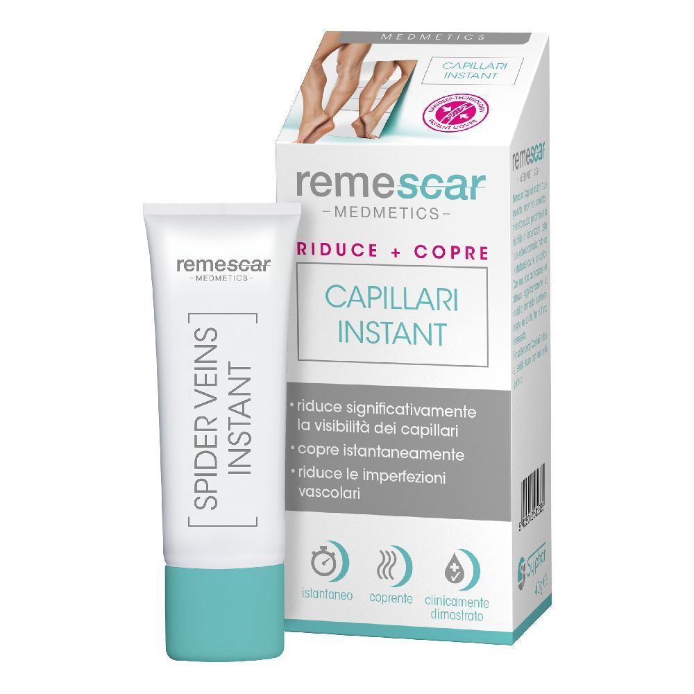 Tube und Verpackung von Remescar Capillari Instant. Weißes Tube mit blauem Verschluss. Verpackung mit Produktnamen und Beinabbildung.