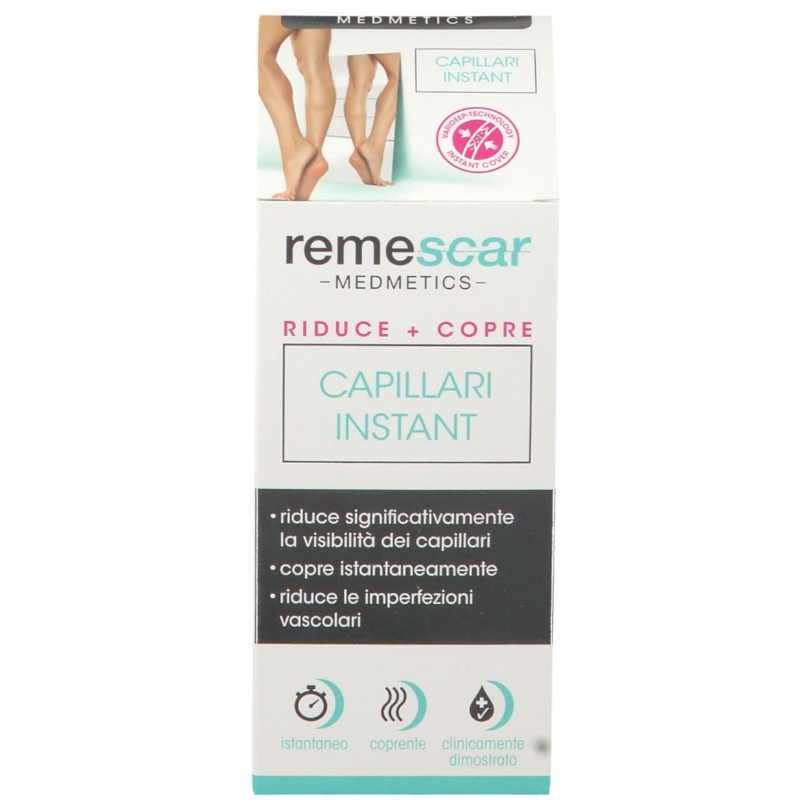 Verpackung von Remescar Capillari Instant. Produktname und Beinabbildung. Text: reduziert, deckt ab, Capillari Instant.