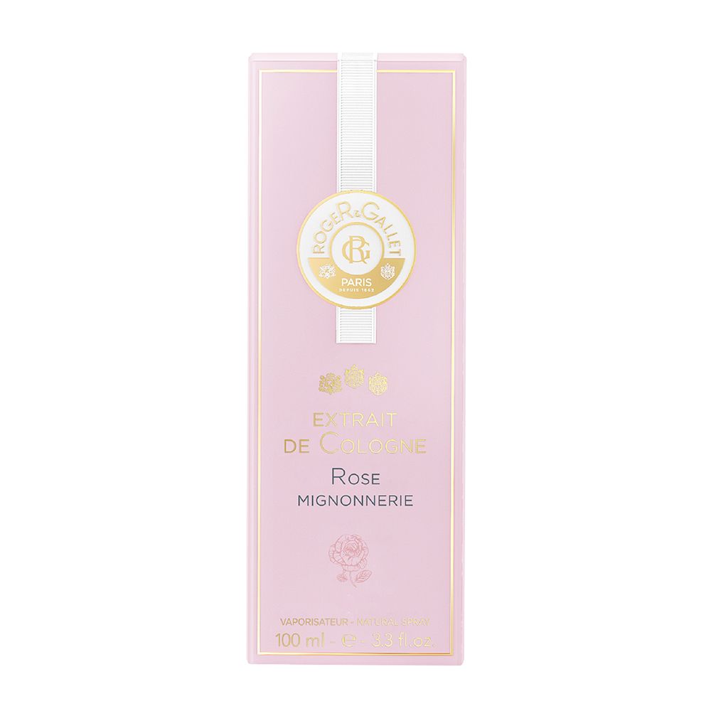 Extrait de Cologne Rose Mignonnerie, emballage carton rose avec ruban blanc et logo.