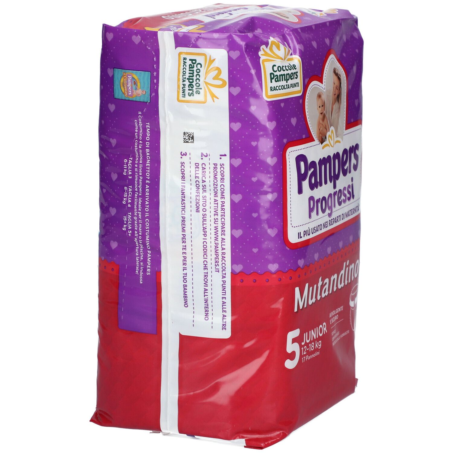Retro confezione Pampers Progressi Mutandino 5, viola con informazioni prodotto.