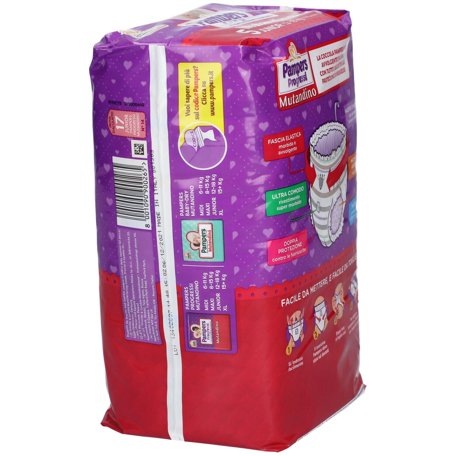 Retro confezione Pampers Progressi Mutandino 5 con indicazioni taglie e immagine prodotto.
