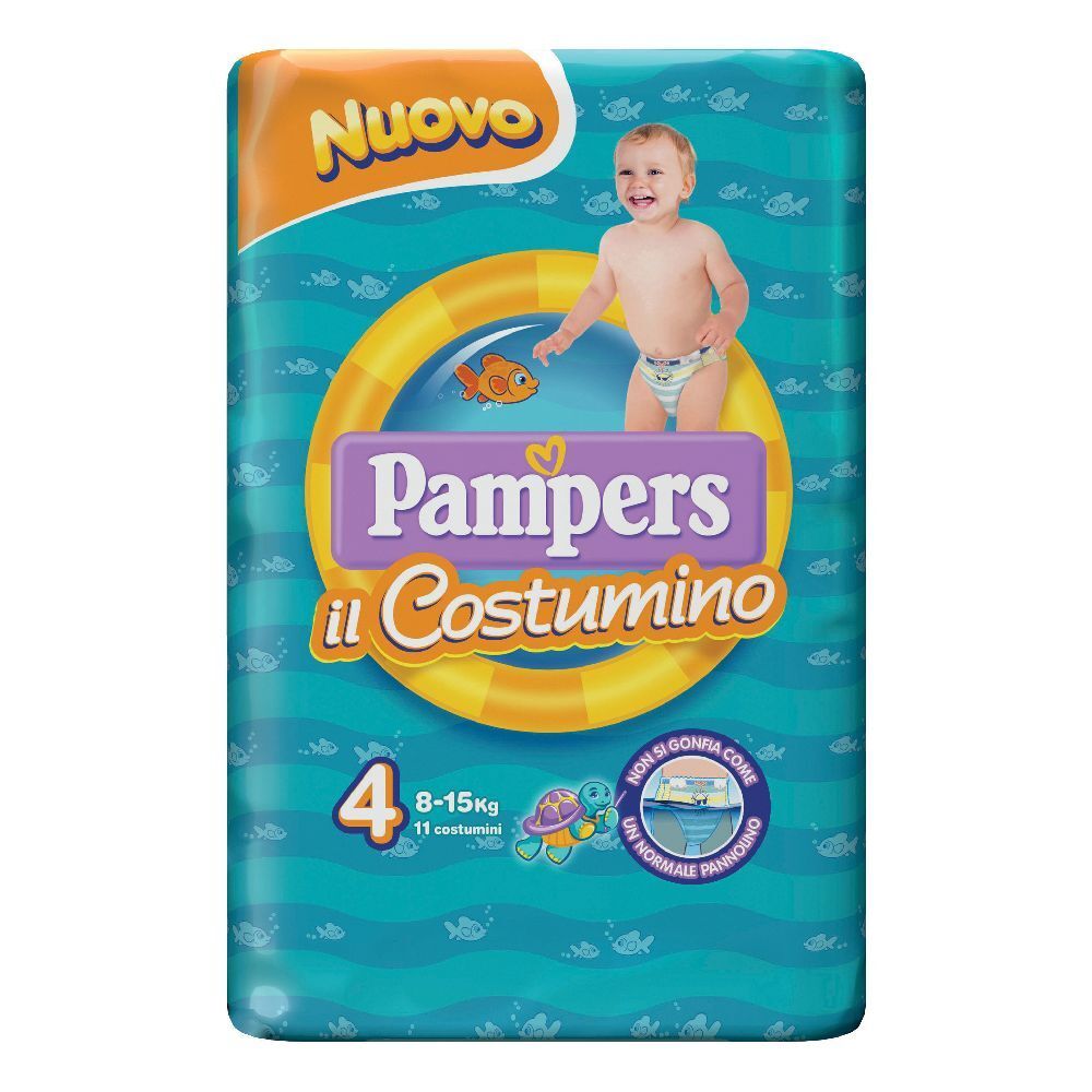 Confezione Pampers Il Costumino 4. Bambino sulla confezione. Taglia 4, 8-15 kg. 11 pezzi.