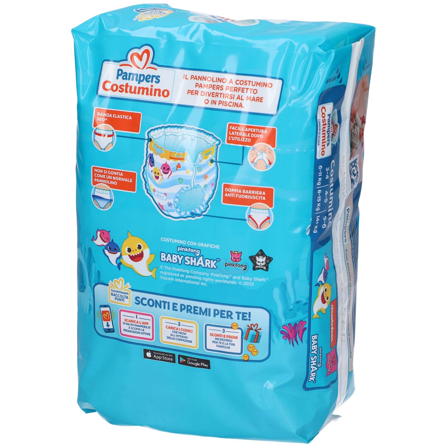 Confezione Pampers Costumino. Bambino in acqua. Design Baby Shark. Taglia 4-5, 8-15 kg. 11 pezzi.