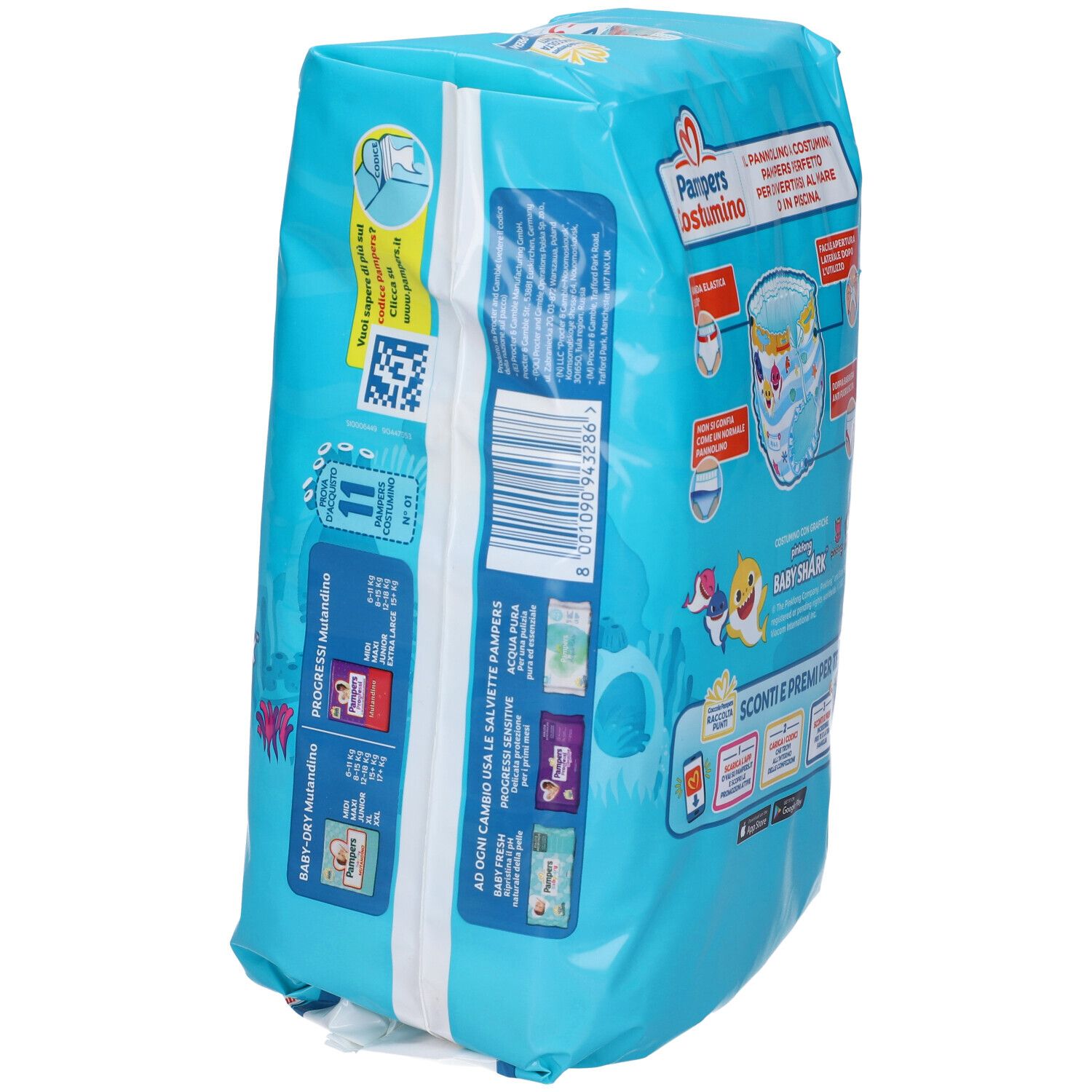 Confezione Pampers Costumino. Bambino in acqua. Design Baby Shark. Taglia 4-5, 8-15 kg. 11 pezzi.