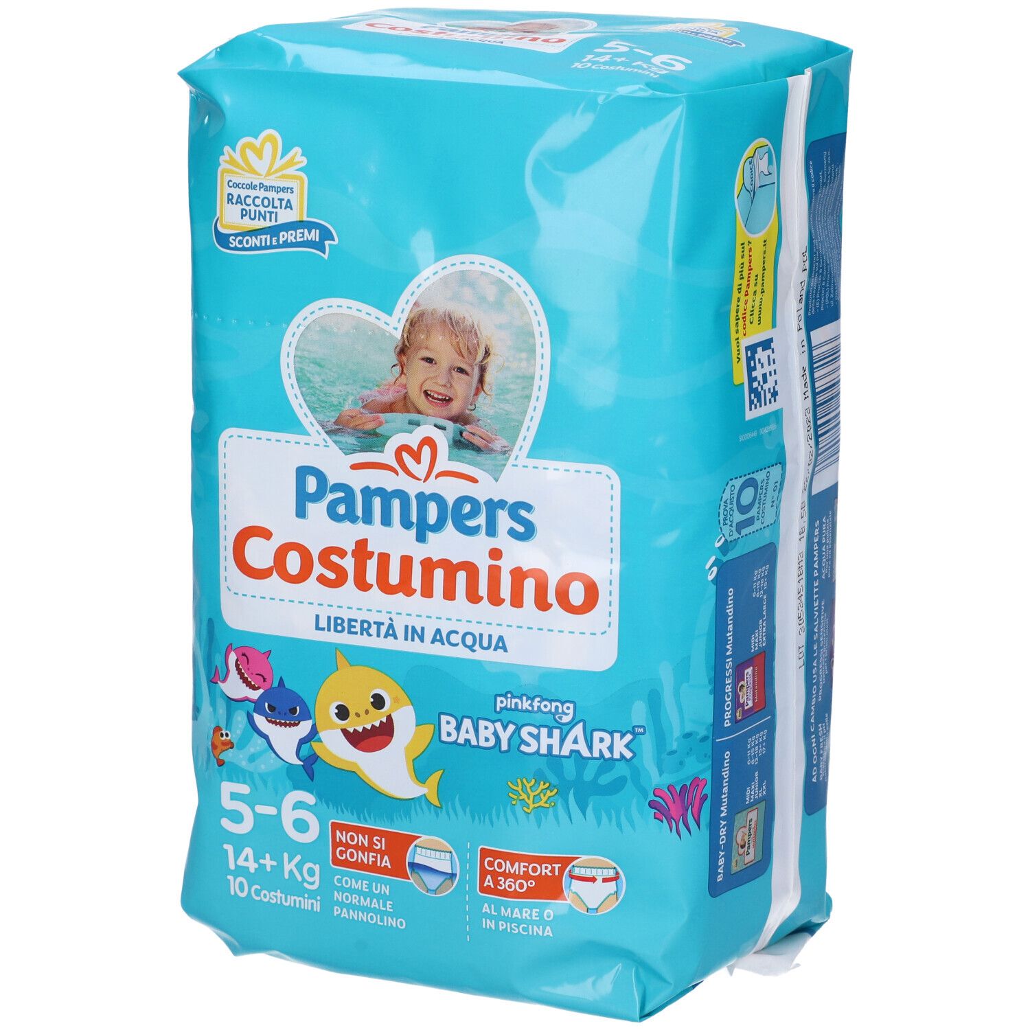 Confezione Pampers Costumino 5-6. Bambino sulla confezione. Design Baby Shark. 10 pezzi.