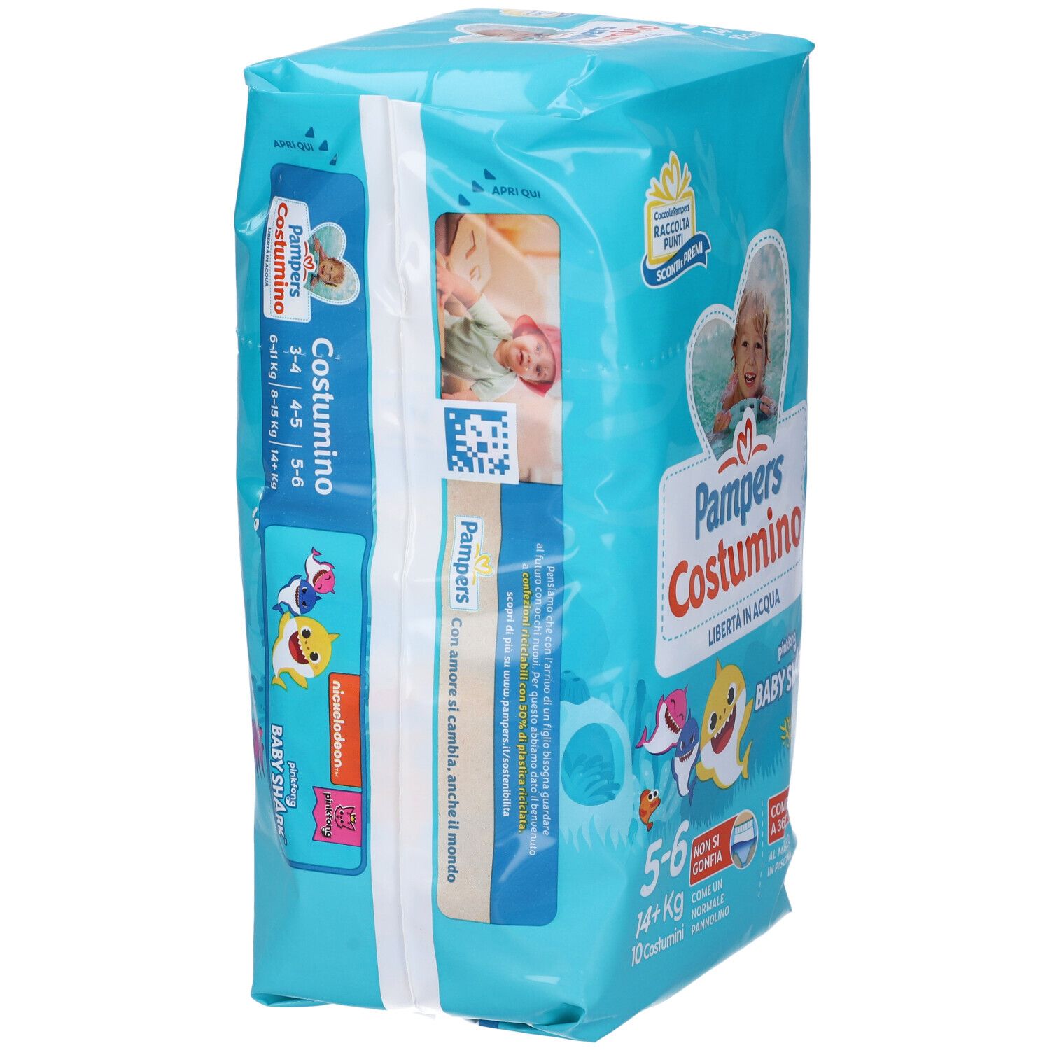 Confezione Pampers Costumino 5-6. Design Baby Shark. Vista laterale. 10 pezzi.