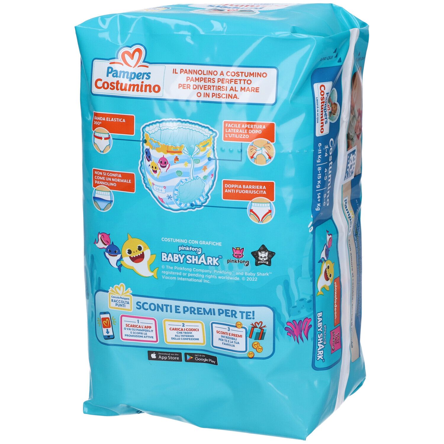 Retro confezione Pampers Costumino 5-6. Design Baby Shark. Informazioni prodotto.