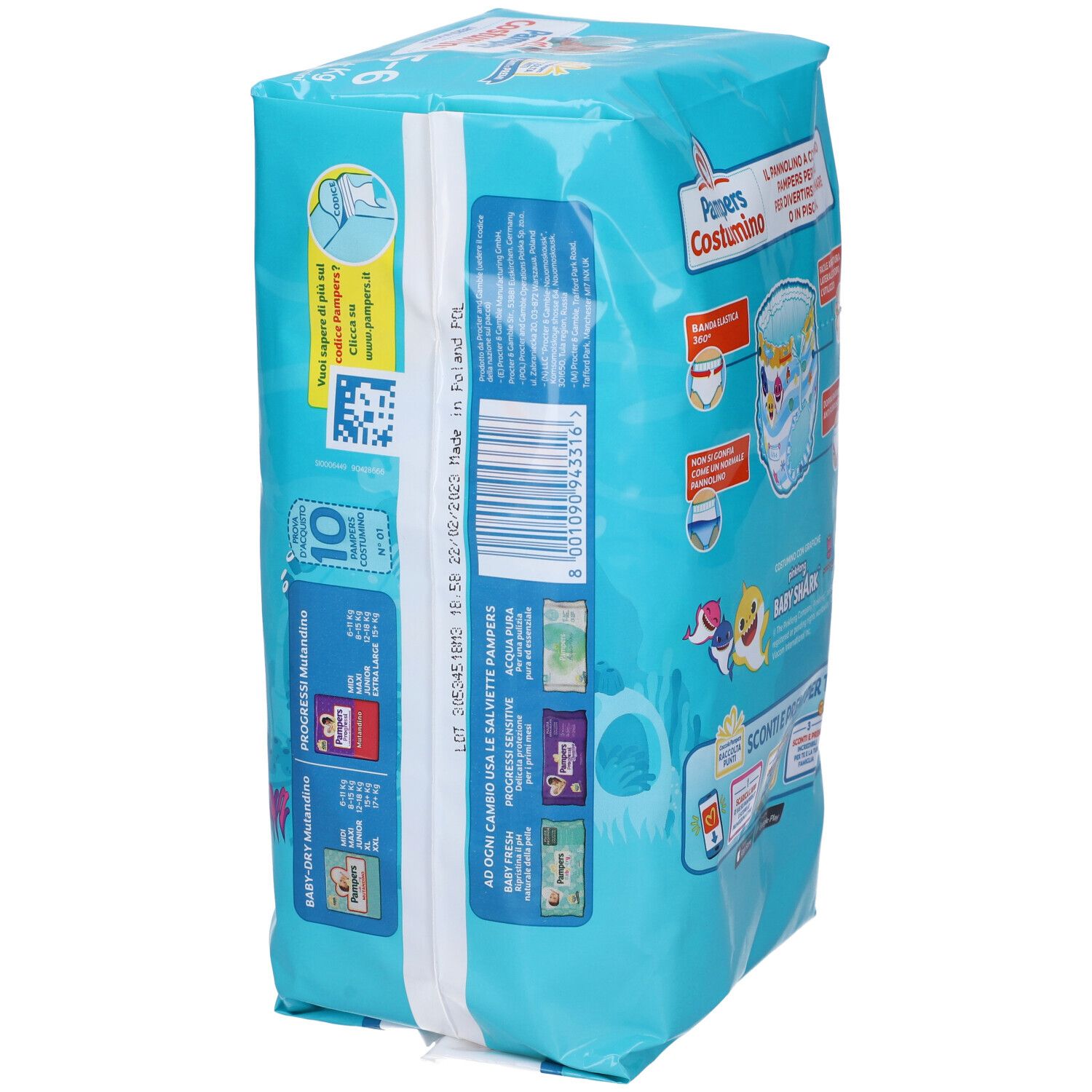 Vista laterale confezione Pampers Costumino 5-6. Informazioni prodotto e design Baby Shark.