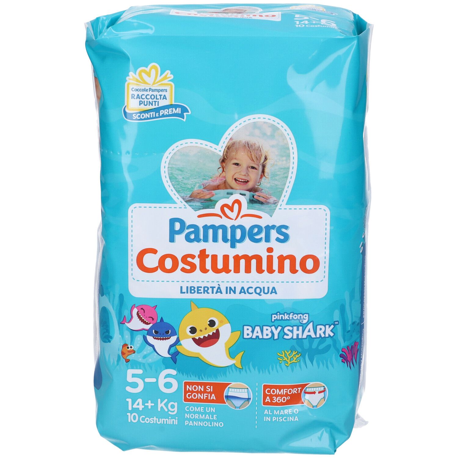 Confezione Pampers Costumino 5-6. Bambino sulla confezione. Design Baby Shark. 10 pezzi.
