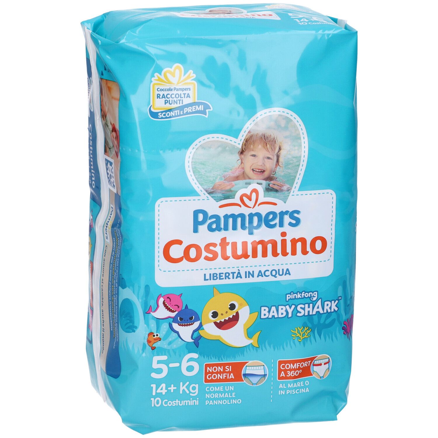 Confezione Pampers Costumino 5-6. Bambino sulla confezione. Design Baby Shark. 10 pezzi.