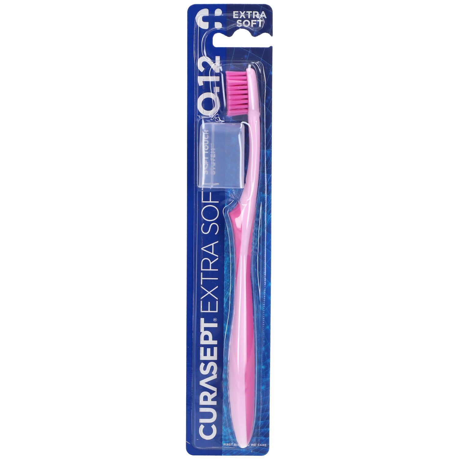 Spazzolino rosa in confezione. Confezione con CURASEPT EXTRA SOFT 0.12. Testina con cappuccio protettivo.